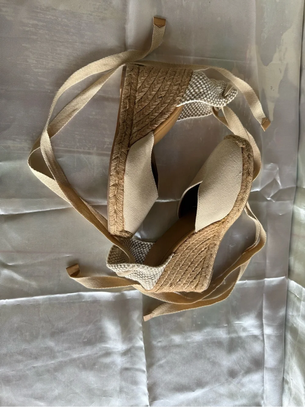 Mango Beige Canvas Espadrille Wedge Sandals with Ankle Wrap